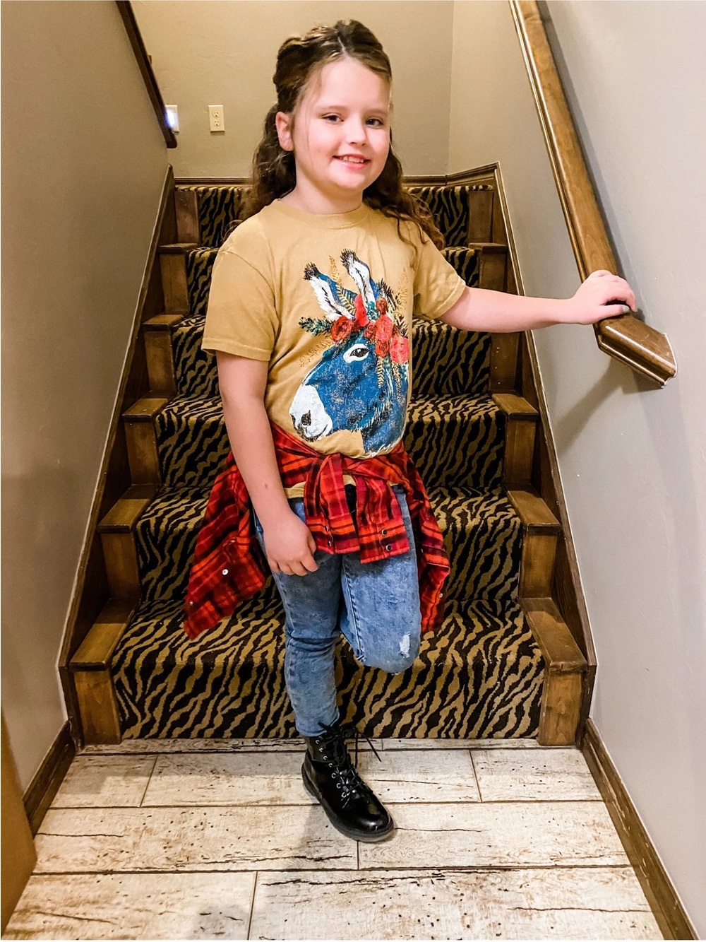 Girls Mustard Graphic Donkey Tee with Floral Accent